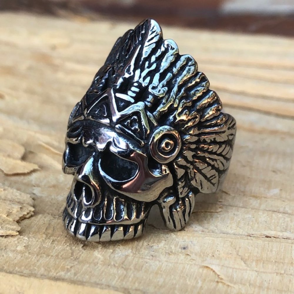 Stainless Steel Indian Chief Skull Ring Heavy Weight Biker